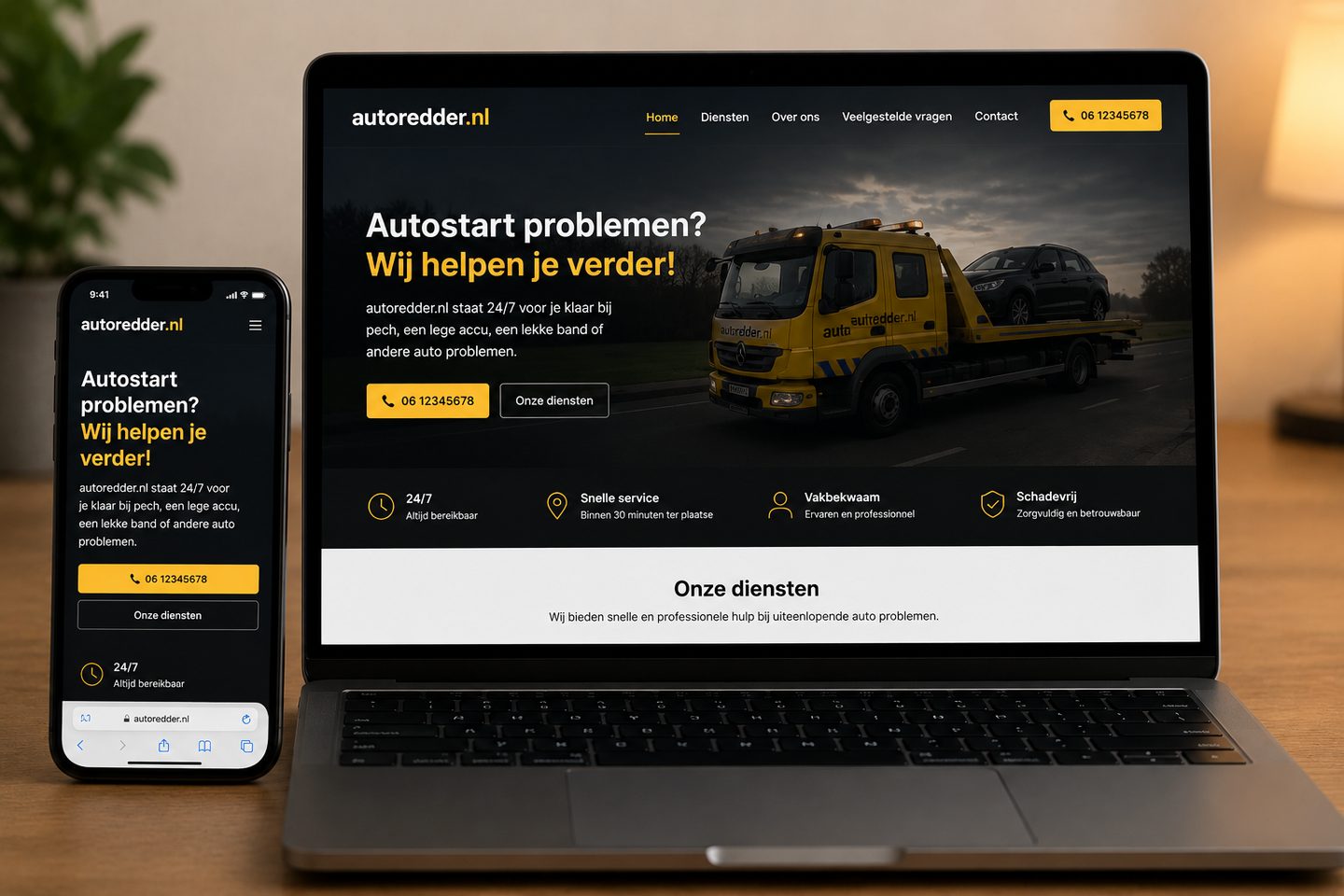Website van autoredder.nl op laptop en telefoon