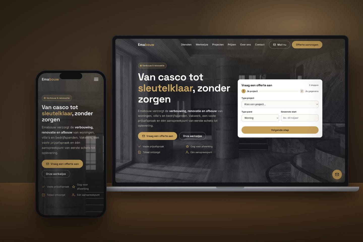 Website van emabouw.com op laptop en telefoon